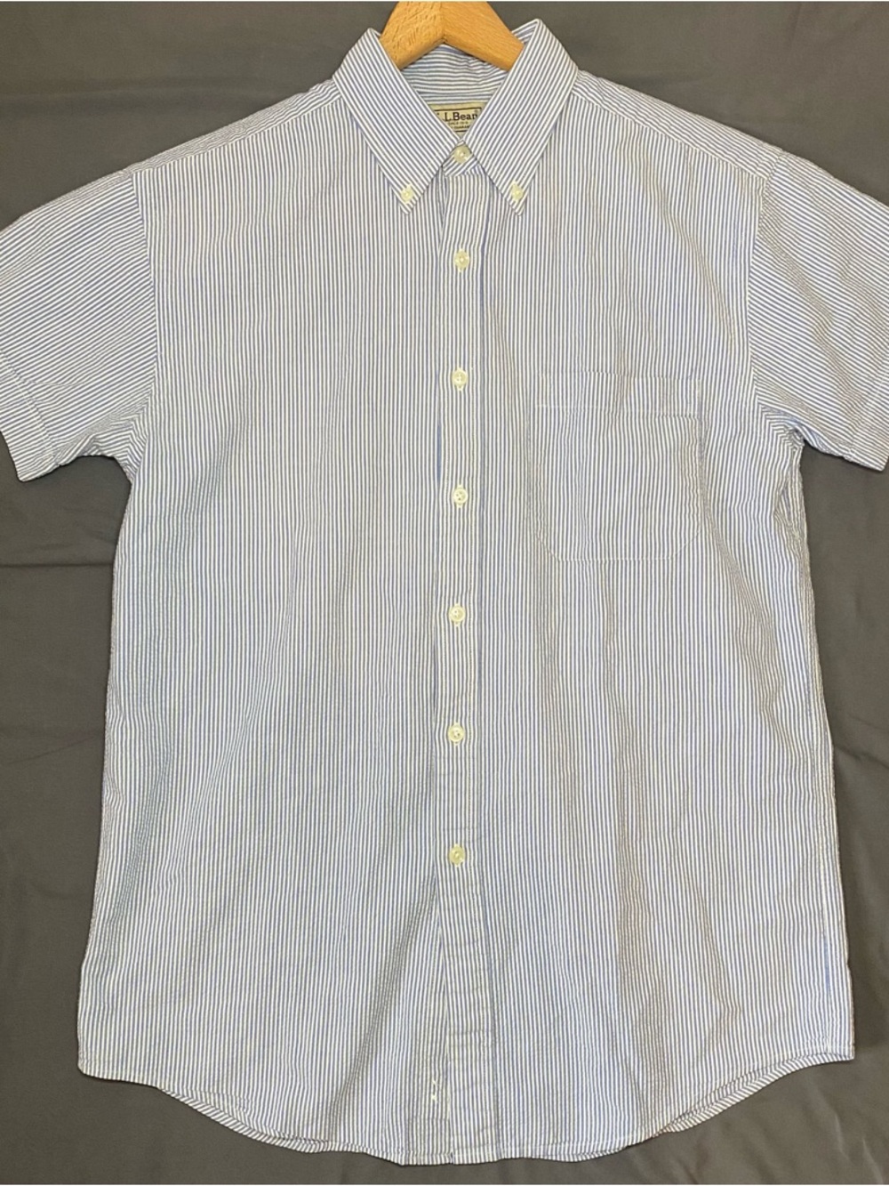 L.L. Bean Shirt Men’s Small Blue White Stripe Button Up Short Sleeve Preppy